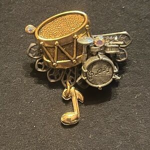 Vintage Gold and Silver Drum Set Brooch with rhinestones and dangling music note